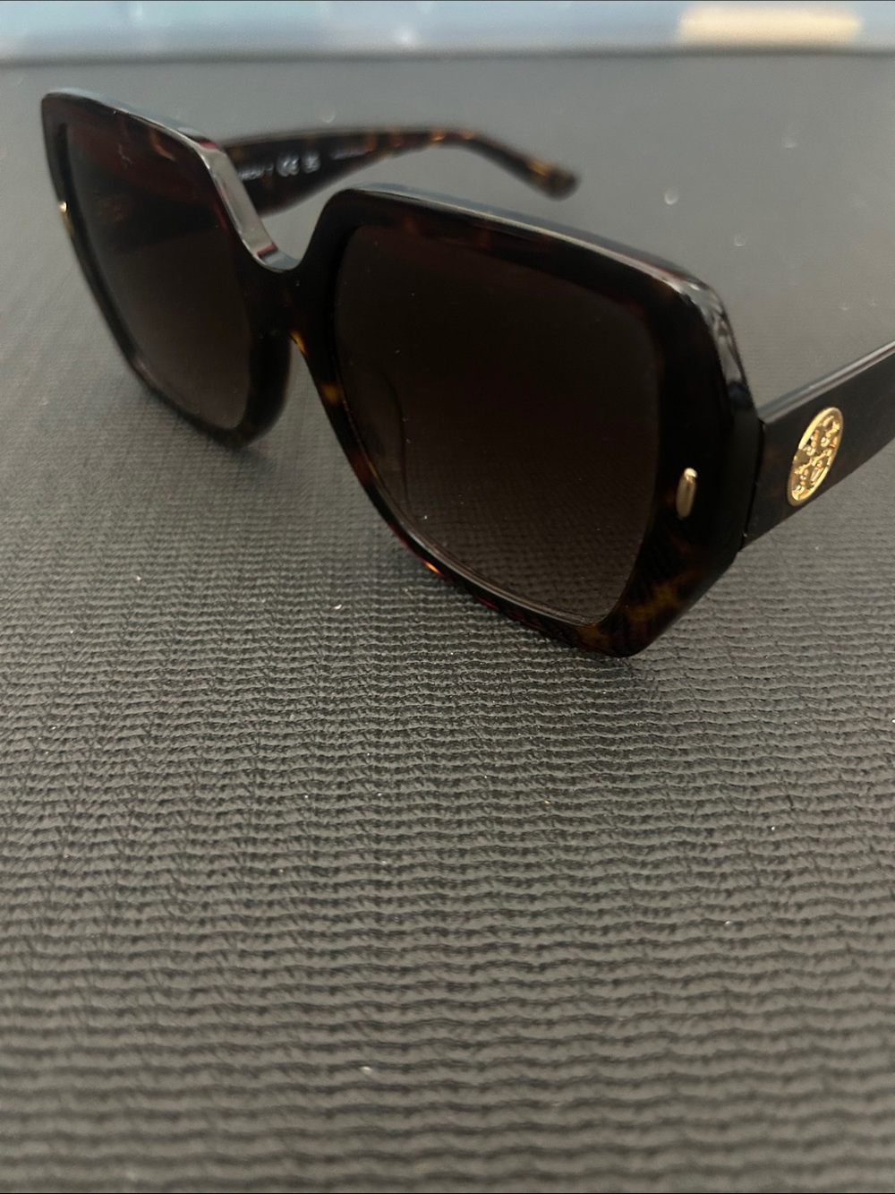 Tory Burch Tortoiseshell Square Sunglasses with Gold Emblem